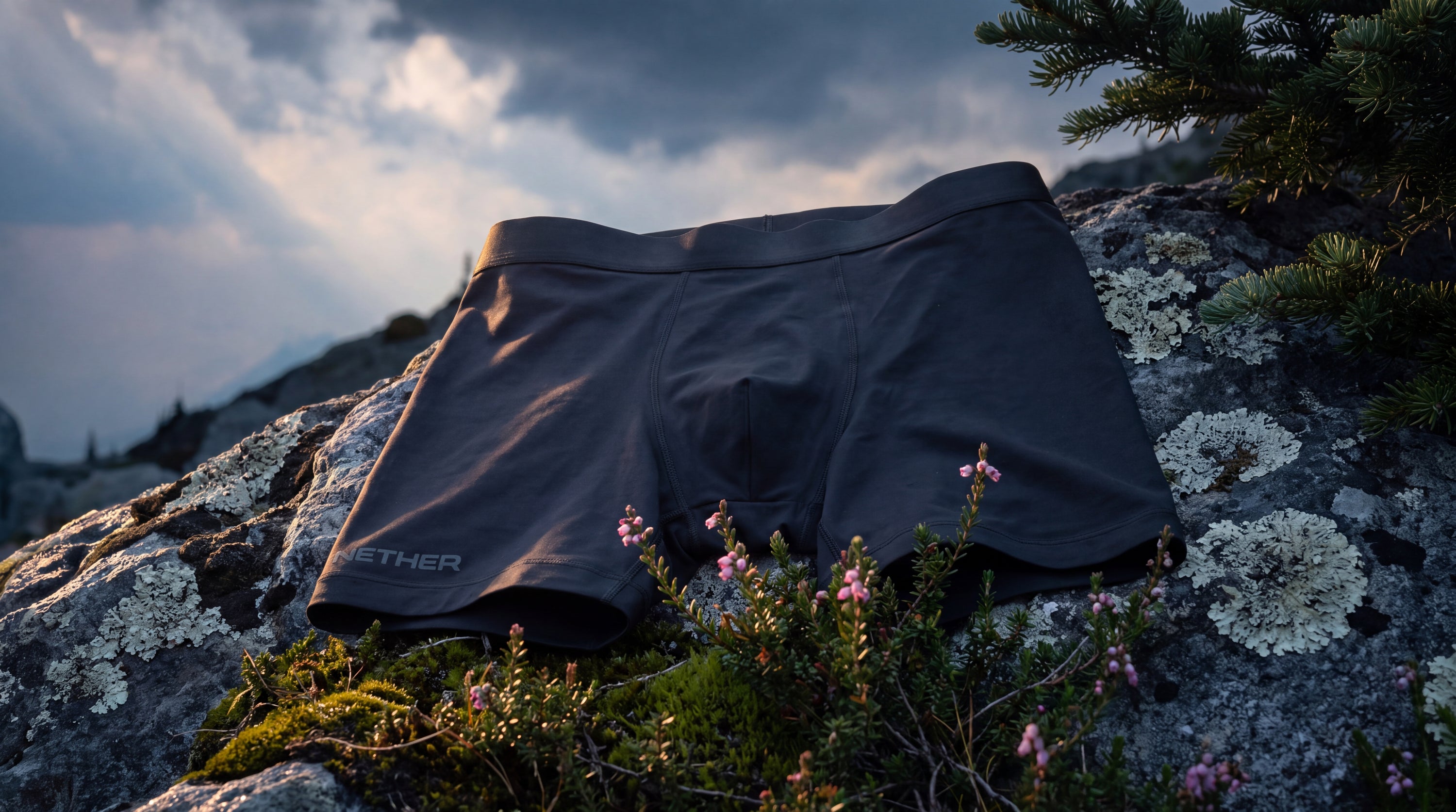 A Nether boxer brief resting on a lichen-covered rock at dusk, with alpine heather and a mountain ridge behind it