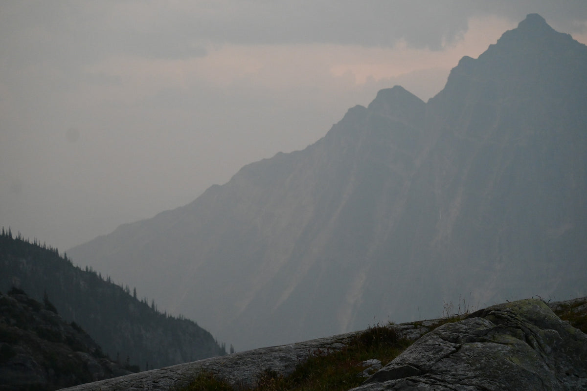 A hazy mountain ridge line at distance