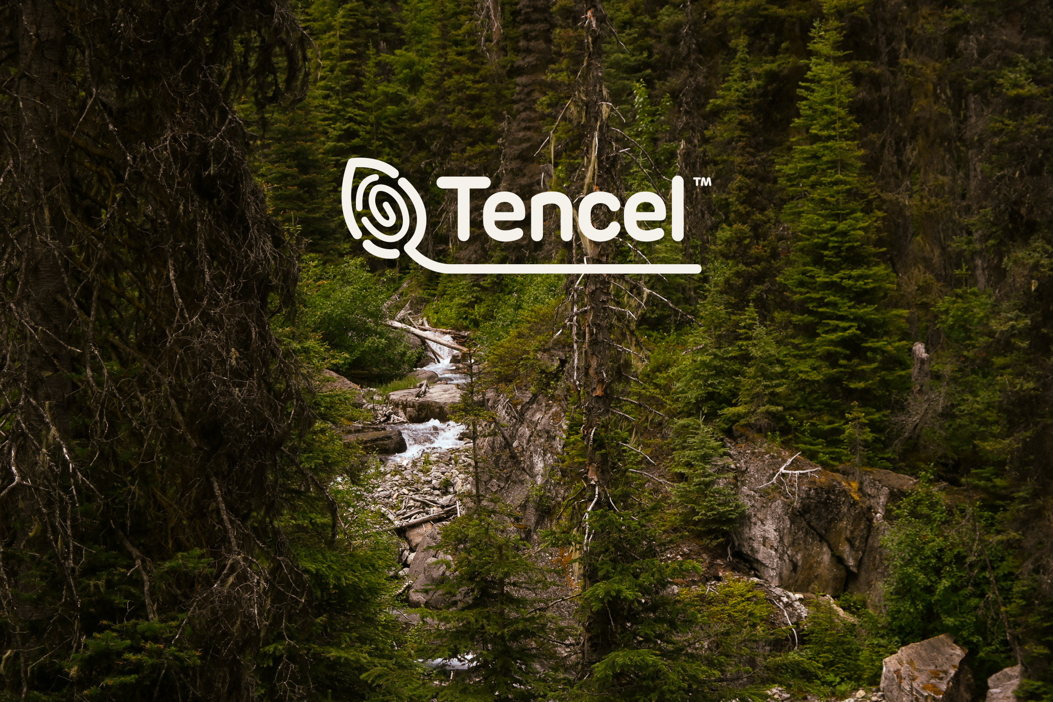 Old growth forest and a mountain creek, with the TENCEL Lyocell mark
