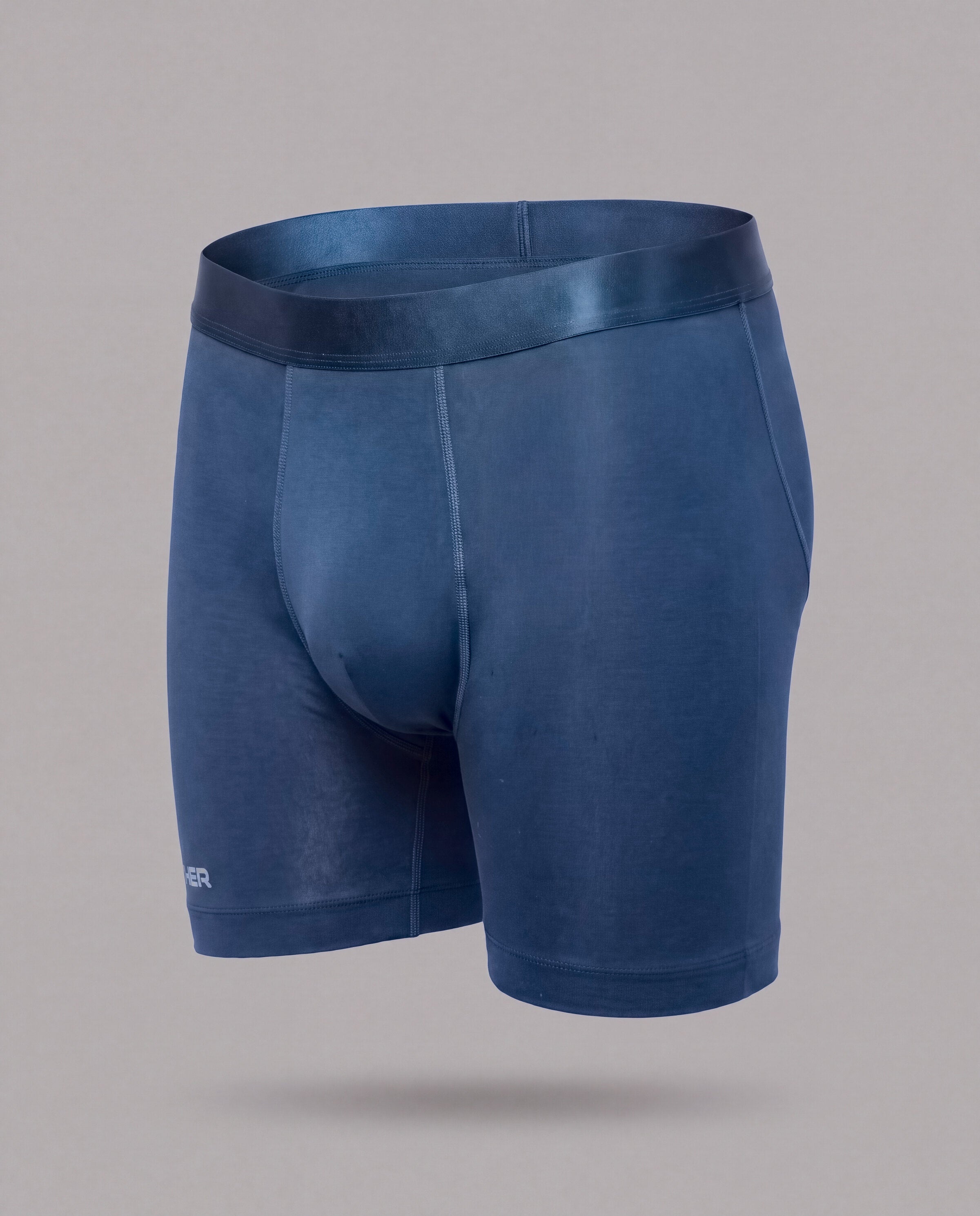 [Abyss 1] Nether Roam Boxer Brief in navy, front three-quarter view showing the full cut, satin waistband and Valley Pouch