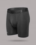 [Midnight 1] Nether Roam Boxer Brief in black, front three-quarter view showing the full cut, satin waistband and Valley Pouch