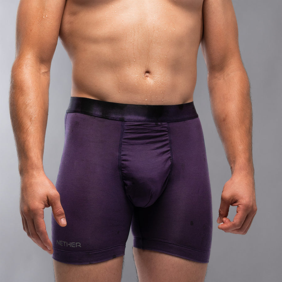 [Storm] Nether Roam Boxer Brief in dark purple, front waist-down view showing the Valley Pouch and NETHER leg print
