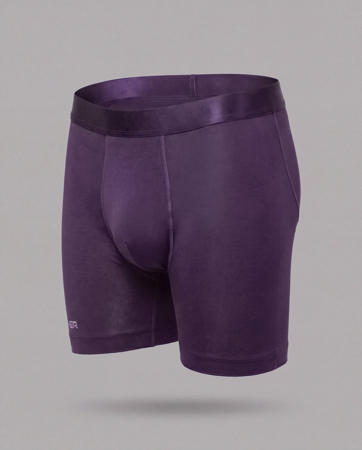 [Storm 1] Nether Roam Boxer Brief in dark purple, front three-quarter view showing the full cut, satin waistband and Valley Pouch